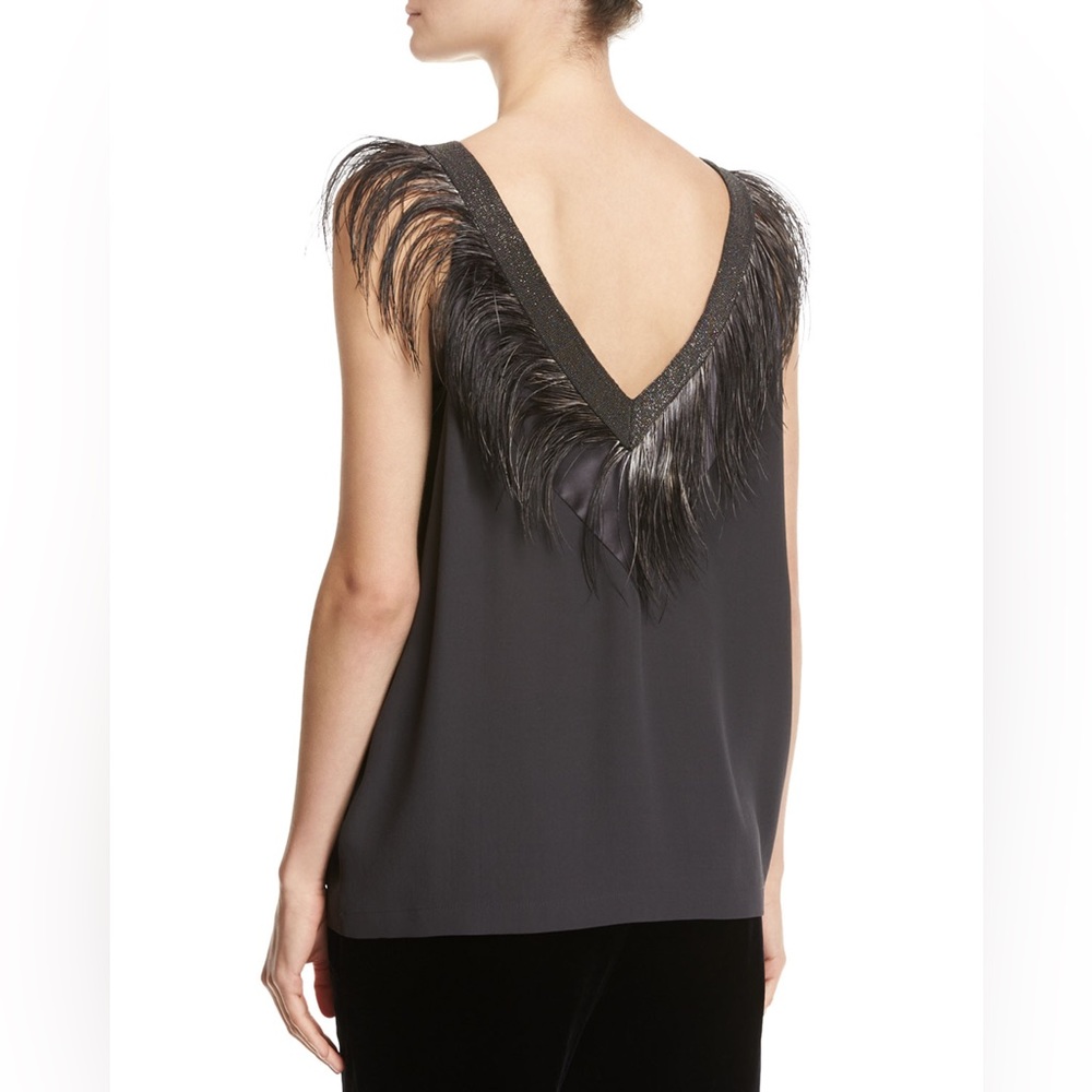 NWT Brunello Cucinelli Feather & Monili Double-V 100% Silk Tank, Size Small
